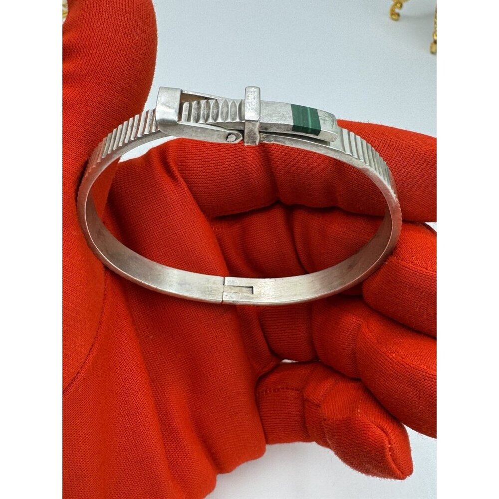 Taxco Mexico Sterling Silver Malachite Hinged Cuff Bangle Belt Buckle Bracelet